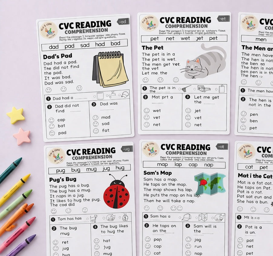 CVC Reading Comprehension Worksheets